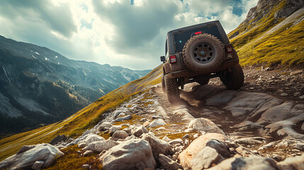 A rugged off-road vehicle tackling challenging terrain in a remote wilderness demonstrating power and durability.