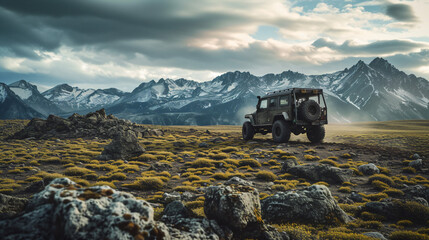 A rugged off-road vehicle tackling challenging terrain in a remote wilderness demonstrating power and durability.