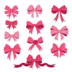 Set of pink bows from ribbons isolate on a white background. Vector graphics.