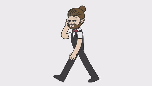 2d animation of walking white male bartender talking on the phone. Looped 4K video with alpha-channel.