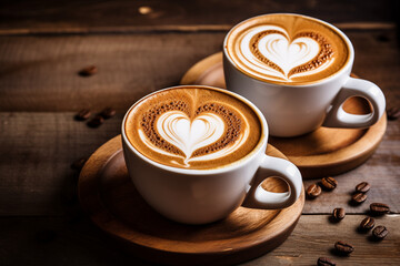 Two cappuccinos on a rustic table, heart-shaped latte art. Concept for coffee lovers, romantic moments. Copy space available.