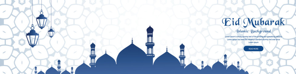 Eid mubarak Religious festival background with mosque facebook cover - obrazy, fototapety, plakaty