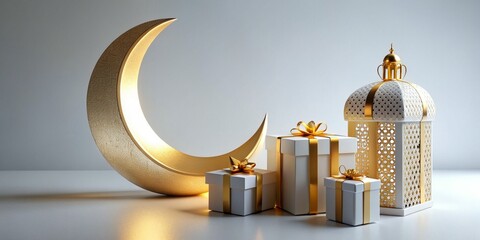 Islamic background, lantern, gold crescent moon on white. Design concept of Ramadan Kareem, mawlid, Iftar, Isra and Miraj or Eid Al Fitr Adha. 3D illustration