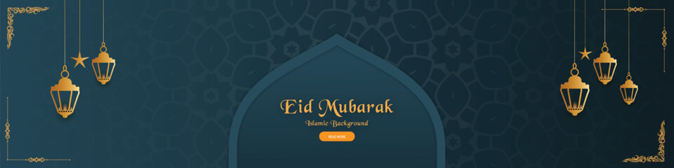 Eid ul fitr greetings eid mubarak facebook cover card design with mosque
