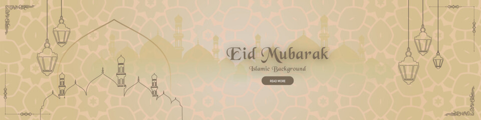 Islamic greetings eid mubarak facebook cover card design with mosque