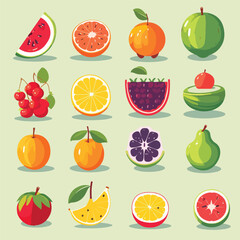 Vector collection of summer fruits. Vector 2D.
