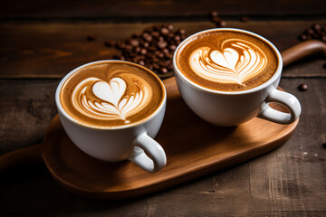 Two cappuccinos on a rustic table, heart-shaped latte art. Concept for coffee lovers, romantic moments. Copy space available.