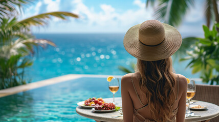 Dinner with sea view in luxury hotel. A girl in a hat looks at the sea and drinks cocktails