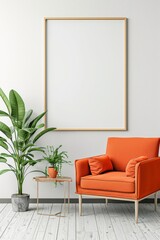Interior of modern living room with orange sofa, coffee table and tropical plants. Mock up poster frame. 3d render