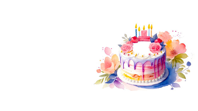 Birthday Cake with candles, with copy space for text on white. Banner with decorated delicious Cake for Birthday and Holidays, watercolor illustration for design