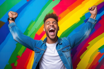 young man shouting with his fists raised in pride with the LGTB flag painted in the shape of a rainbow. - obrazy, fototapety, plakaty