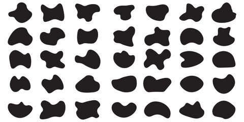 Blob shape organic set. Random black cube drops simple shapes. Collection forms for design and paint liquid black blotch shapes