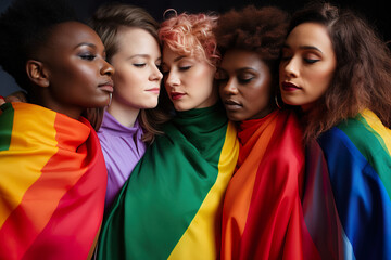 women of different ethnicities together with the LGTB flag. - obrazy, fototapety, plakaty