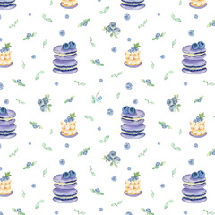 Watercolor seamless pattern with blueberry berries and blueberry dessert