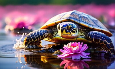 colorful turtle on the beach with flowers, close-up shot with water