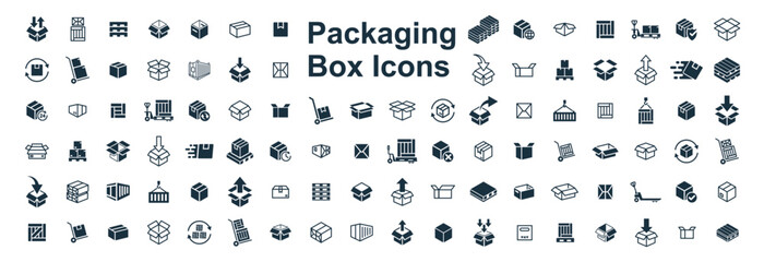 Delivery package 100 icons set on white background. online delivery service business. Parcel container, packaging boxes, web design for applications. - obrazy, fototapety, plakaty