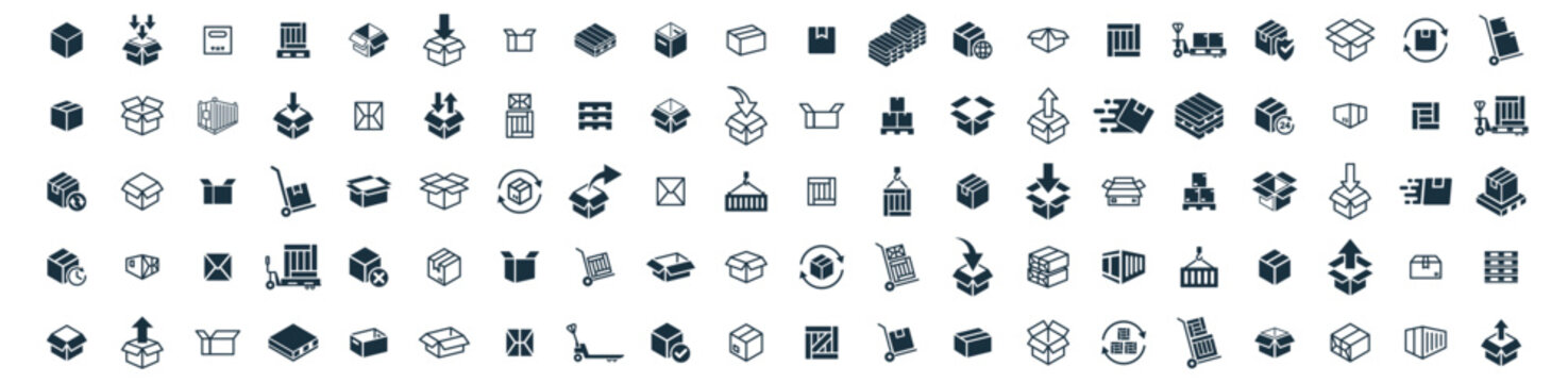 Delivery package 100 icons set on white background. online delivery service business. Parcel container, packaging boxes, web design for applications.