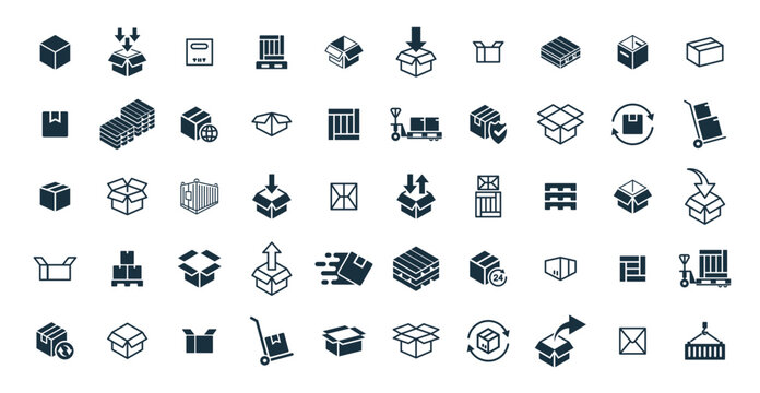 Delivery package 50 icons set on white background. online delivery service business. Parcel container, packaging boxes, web design for applications.