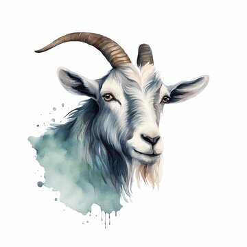 watercolor painting of goat, isolated on white background, head in profile