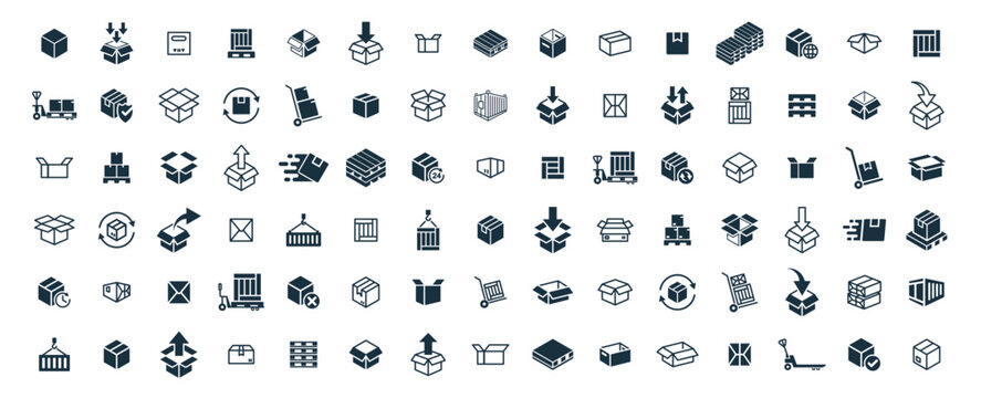 Delivery package 100 icons big set on white background. online delivery service business. Parcel container, packaging boxes, web design for applications.