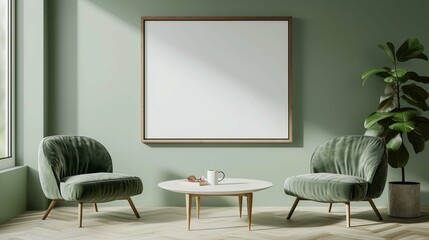 Minimalist background with comfortable chairs next to a coffee table and a frame hanging on the wall with white space for graphics or text. generative ai