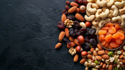 Mix of different types of nuts and dried fruit, healthy 
 - obrazy, fototapety, plakaty