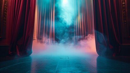 Theatrical curtain reveal with dramatic lighting on stage. mystery unfurls in a playhouse setting. showtime ambiance captured in image. AI - obrazy, fototapety, plakaty