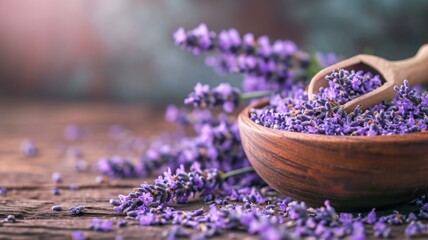 Rustic wooden bowl filled with dried lavender flowers and a scoop.