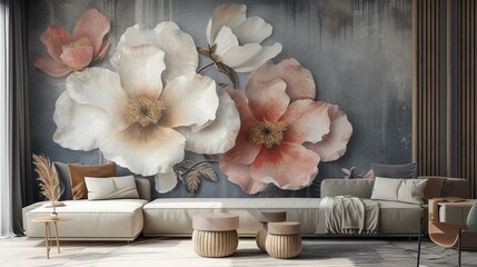Modern living room interior, beautiful floral mural, flowers on wall 