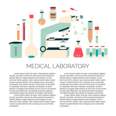Vector brochure design template of medical laboratory with chemical elements like microscope, pills, flask and other scientific equipment
