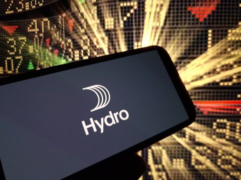 Konskie, Poland - February 05, 2024: Norsk Hydro company logo displayed on mobile phone