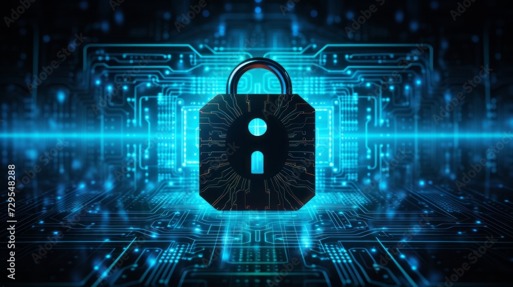 Poster futuristic cybersecurity concept: padlock symbolizing internet security and personal data protection