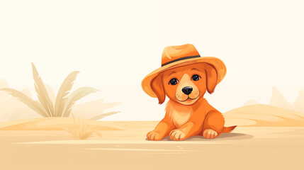 Stylized illustration of a cute puppy in a straw hat playing on the beach. Illustration with a happy pet in warm colors. Puppy in nature