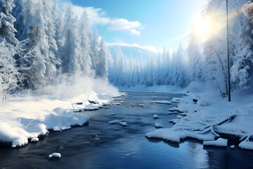 Obraz na płótnie Canvas Winter season beautiful Picture Landscape with snow - Ai Generated