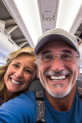 Happy tourist taking selfie inside the plane - Cheerful couple on spring vacation - Passengers boarding the plane - Vacation concept - Airplane passenger enjoy trip using smartphone. People and travel