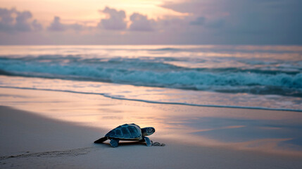 Fototapeta na wymiar A sea turtle making its way to the ocean at dawn symbolizing life and new beginnings on a pristine beach.