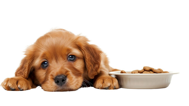 Eager puppy awaits meal beside food bowl on white background. Ideal for pet food.