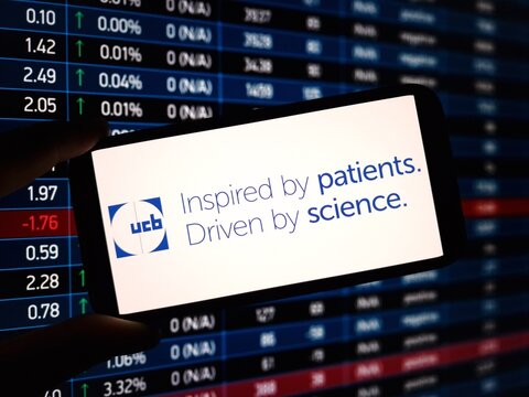 Konskie, Poland - February 05, 2024: UCB company logo displayed on mobile phone