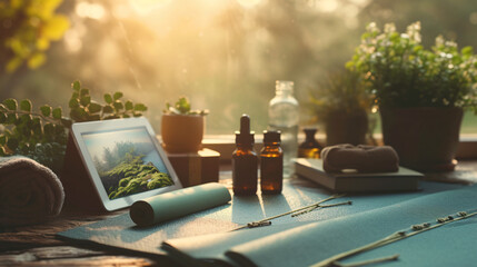 A serene flat lay of a mindfulness and wellness study area with a yoga mat meditation guidebook essential oils and a tablet showing a peaceful nature scene.