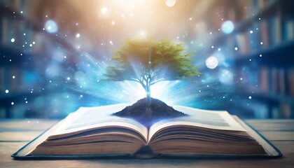 the concept of education by planting a tree of knowledge in the opening of an old book in the library and the magical magic of light that flies to the destination of success beautiful background - obrazy, fototapety, plakaty