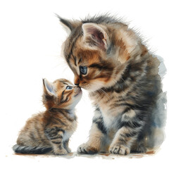 Cute little kitten with mom. Watercolor painting. isolated