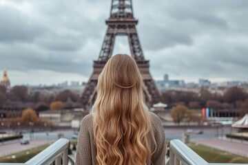 Fototapeta na wymiar Once in Paris. Banner of back beautiful slim chic girl with long blond hair against Eiffel tower