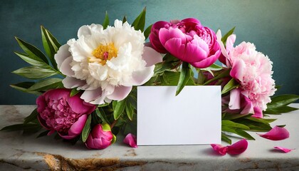greeting or invitation blank card and peony flowers