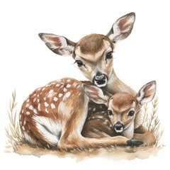 Cute little deer with mom. Watercolor painting. isolated
