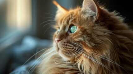 Portrait of a funny beautiful red fluffy cat with green eyes in the interior, pets 