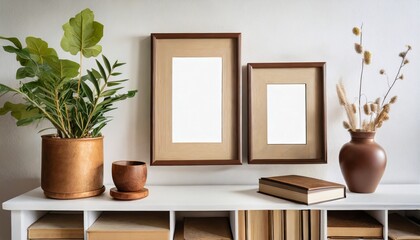 minimalistic home decor of interior with two brown wooden mock up photo frames on the white shelf with books beautiful plant in stylish pot and home accessories white wall