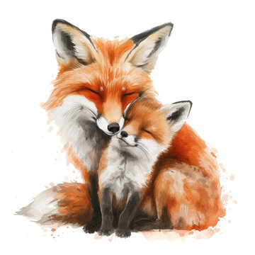 Cute little fox with mom. Watercolor painting. isolated