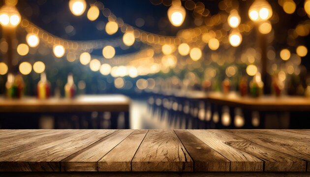 top of wood table with light reflection with abstract blur bar or club in the dark night background