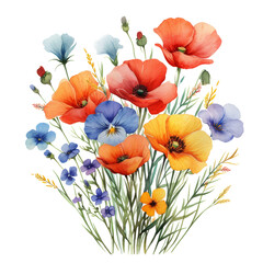 A close-up of a fresh watercolor flower bouquet isolated