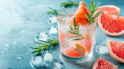 Summer grapefruit drink with ice cubes, rosemary and grapefruit on a beautiful blue background .generative Ai - obrazy, fototapety, plakaty
